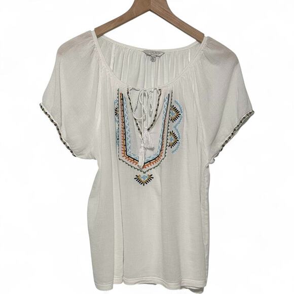 Lucky Brand Cotton Blend Embroidered Short Sleeve Peasant Top (XL) - Picture 1 of 10